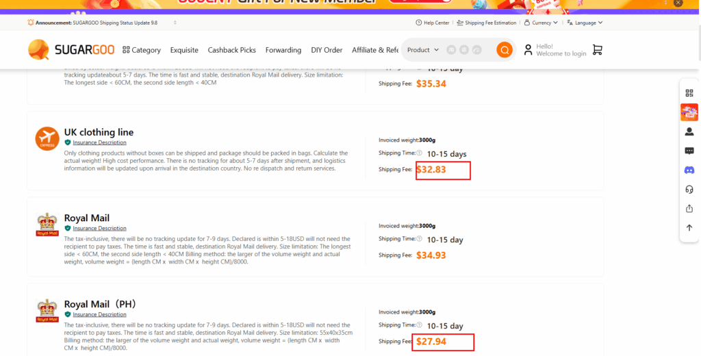 Sugargoo UK shipping fee options for 3kg clothing parcel
