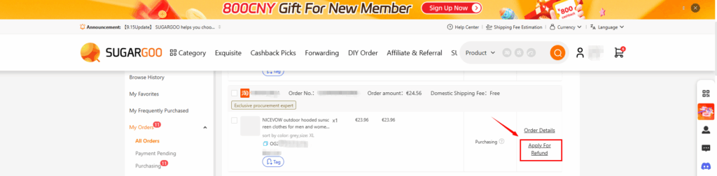 Sugargoo My Orders page with Purchasing status and Apply for Refund option highlighted