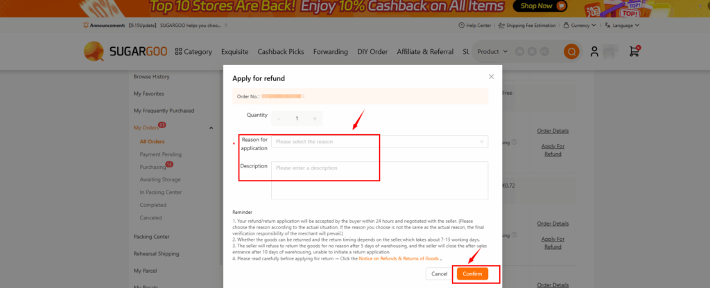 Sugargoo refund application form where users select reason, add description, and confirm cancellation