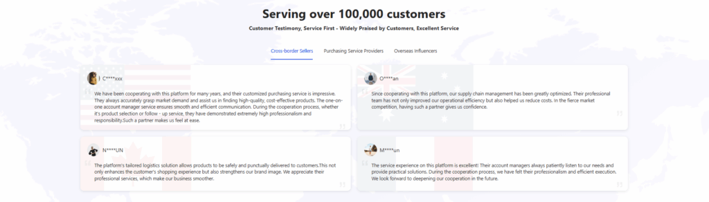 Sugargoo cross-border sellers testimonials showcasing positive feedback on purchasing services, supply chain management, and account manager support