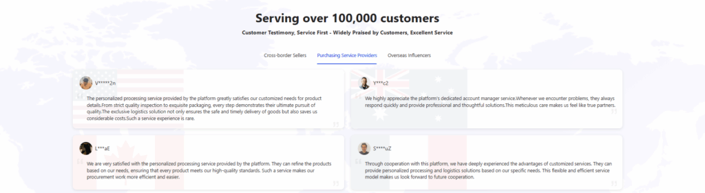 Sugargoo purchasing service providers testimonials highlighting personalized processing, dedicated account managers, and customized logistics solutions