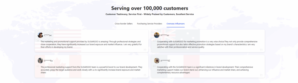 Sugargoo overseas influencers testimonials praising marketing support, brand promotion strategies, and global exposure