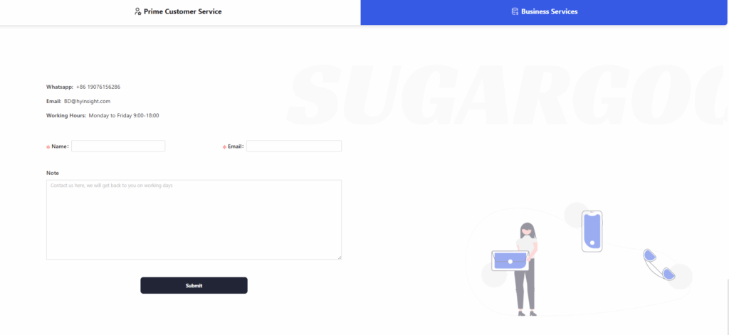 Sugargoo Business Services contact form with fields for name, email, and notes, plus WhatsApp and email contact details