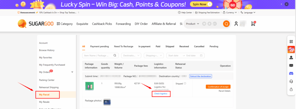 Sugargoo dashboard showing the “My Parcel” section, with an arrow pointing to the “Check logistics” button for viewing shipping updates.