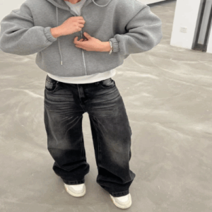 CleanFit Vintage Washed Black Wide Leg Jeans Unisex Distressed Retro Denim Pants