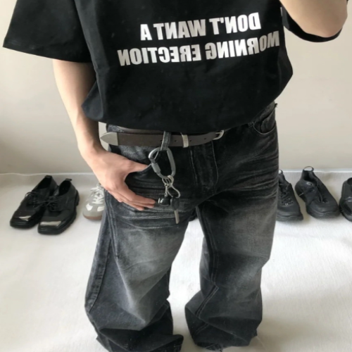 CleanFit Vintage Washed Black Wide Leg Jeans Unisex Distressed Retro Denim Pants