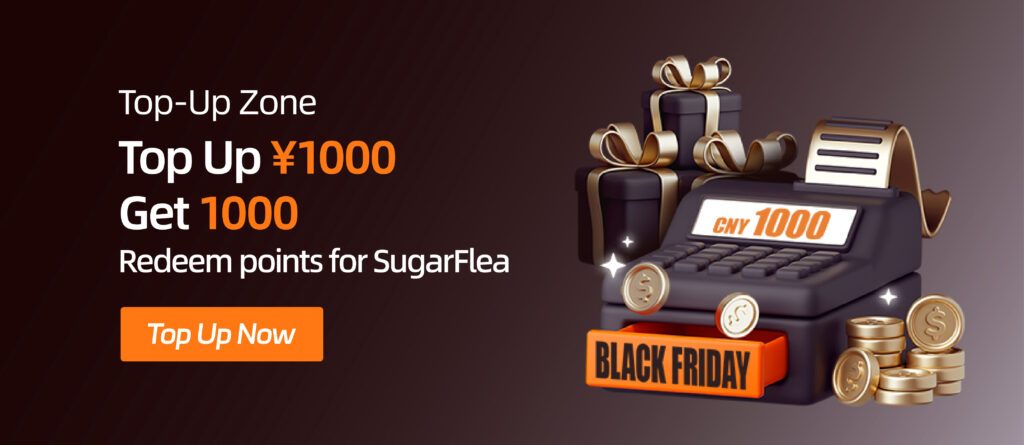 SUGARGOO Top-Up Zone — recharge ¥1000 and get 1000 points for SugarFlea rewards.
