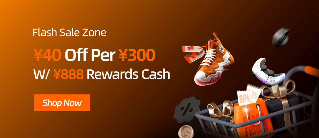 SUGARGOO BFCM cashback table showing ¥40 cashback for every ¥300 spent.