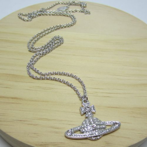LuxeShine B8148 Saturn Pendant Necklace Silver White Gold Full Rhinestone Fashion Jewelry