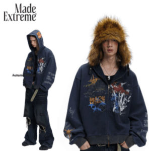MADEEXTREME Graffiti Zip-Up Hoodie Unisex Oversized Streetwear Hip Hop Hooded Jacket