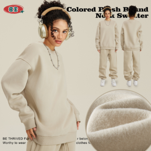 BE 2025 FW Fleece Crewneck Sweatshirt Men’s Solid Color Loose Fit American Streetwear Pullover