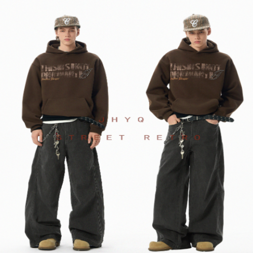 JHYQ Vintage Letter Studded Hoodie Men’s Loose Fit American Streetwear Fleece Pullover