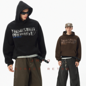 JHYQ Vintage Letter Studded Hoodie Men’s Loose Fit American Streetwear Fleece Pullover