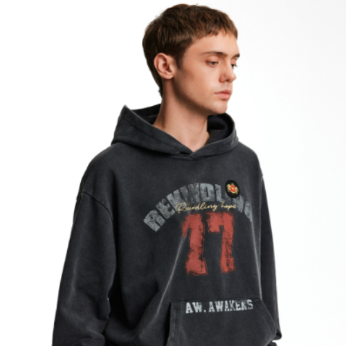 MADWITCH Vintage Washed Letter Print Hoodie Loose Fit Unisex American Streetwear Pullover