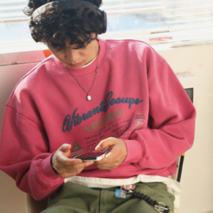 MCMXCIII Nostalgic Puff Print Fleece Crewneck Sweatshirt Unisex Vintage Pink Pullover
