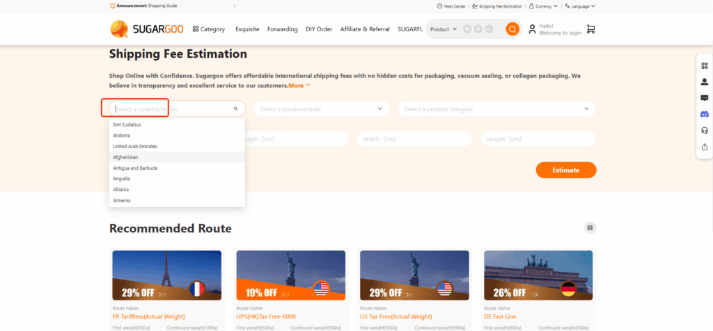 Sugargoo country selection dropdown.