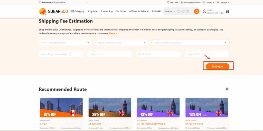Sugargoo Estimate button highlighted.