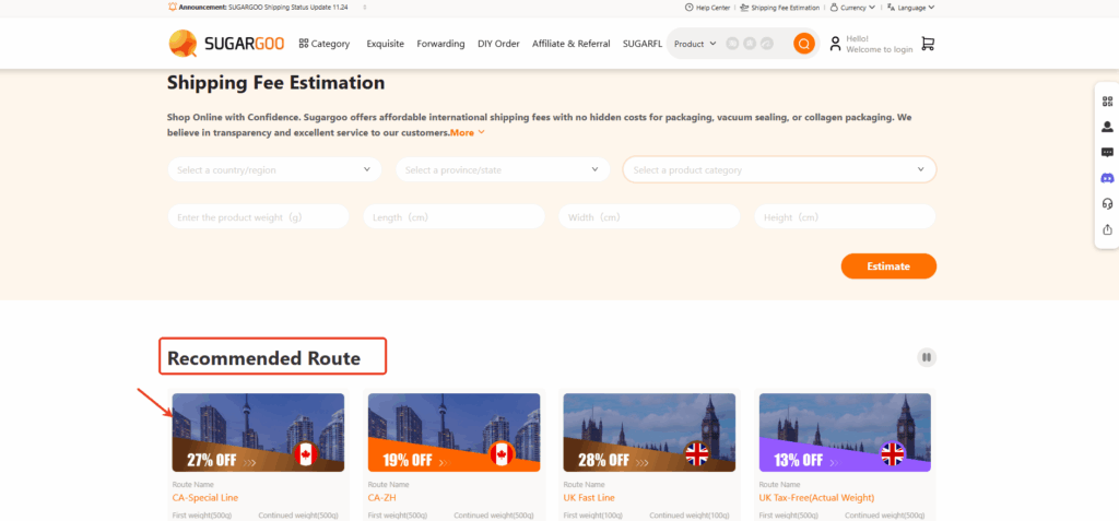 Sugargoo Recommended Route list with shipping discounts.