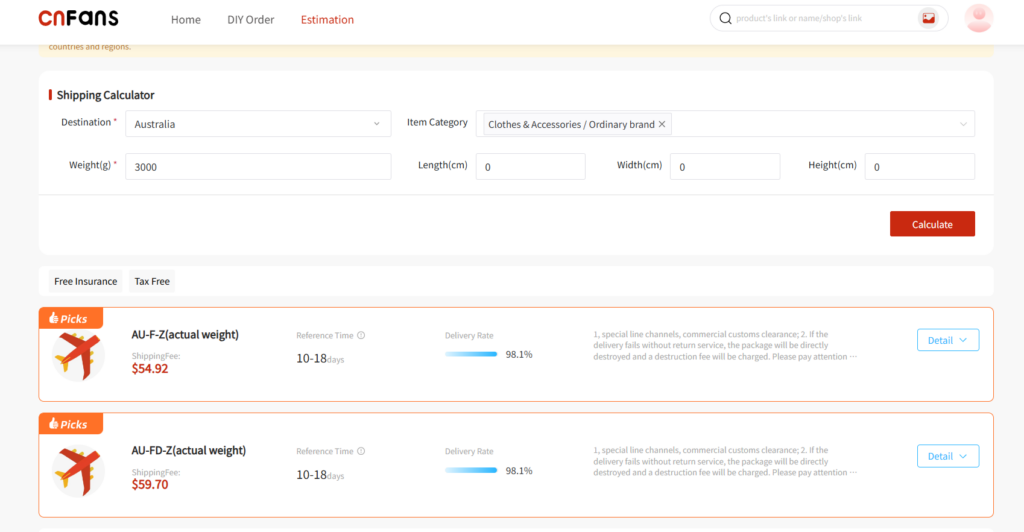 CNFans shipping calculator showing 3kg clothing parcel shipping cost to Australia via AU-FZ and AU-FD tax-free lines