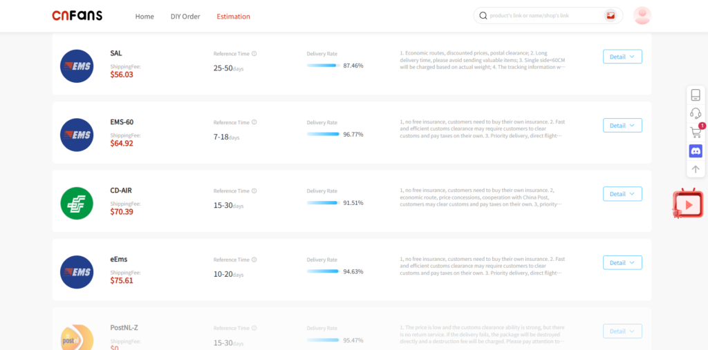 CNFans Australia shipping options for 3kg clothing parcel including EMS, SAL, CD-AIR with delivery time and success rate