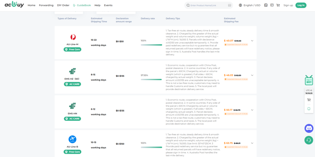 AcBuy Australia shipping cost comparison for 3kg clothing parcel with tax-free air line and EMS options