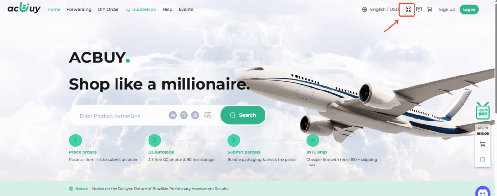 Acbuy homepage with calculator icon highlighted.