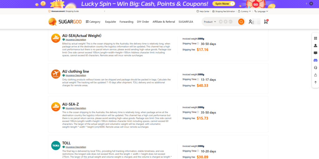 Sugargoo Australia shipping options for 3kg clothing parcel showing AU-SEA, AU clothing line and TOLL routes