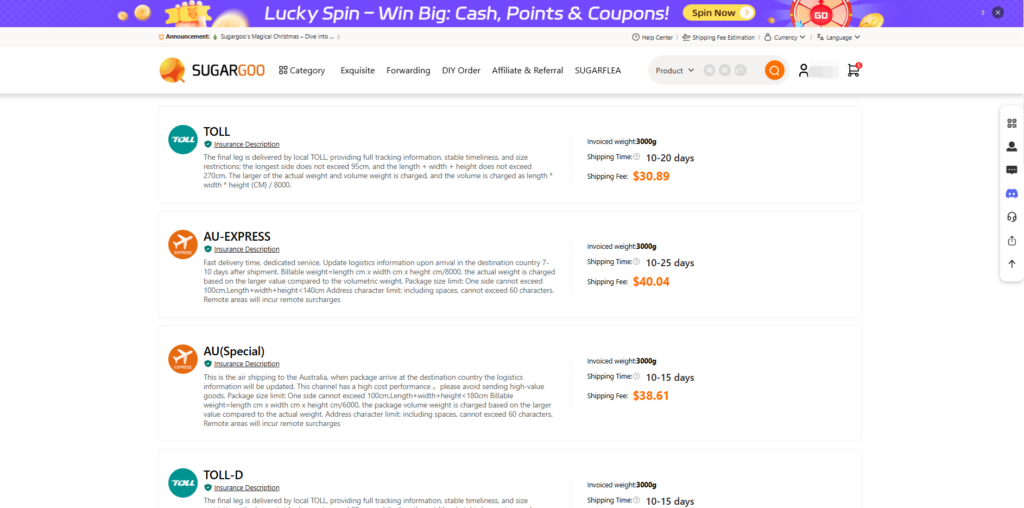 Sugargoo air shipping and TOLL delivery options to Australia for a 3kg clothing parcel with delivery time and cost