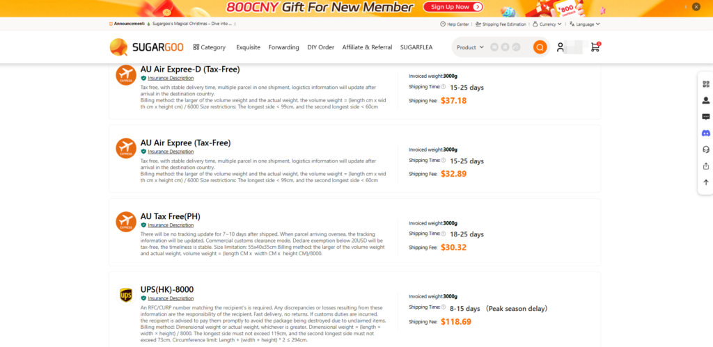 Sugargoo Australia tax-free air shipping options for 3kg clothing parcel compared with UPS international express