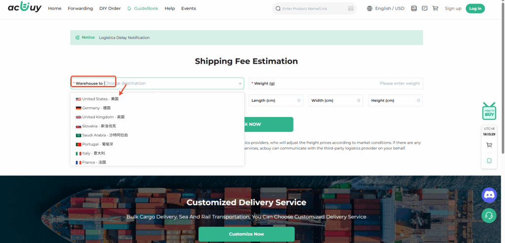 Acbuy destination dropdown.