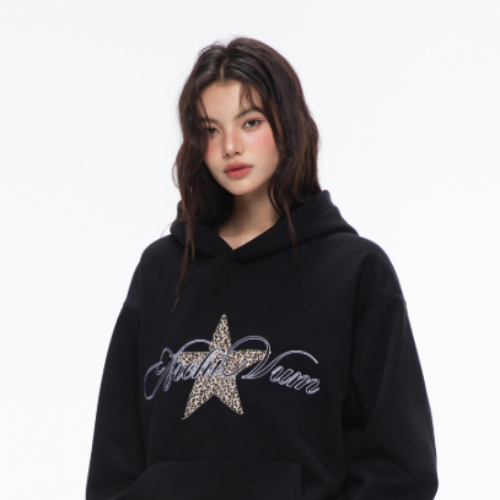 Archivum Vintage Leopard Star Print Fleece Hoodie Oversized Pullover