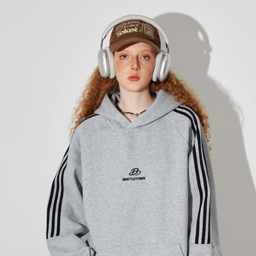 BEETLE TOWN Classic Stripe Raglan Sweatshirt Grey Fleece Unisex Pullover