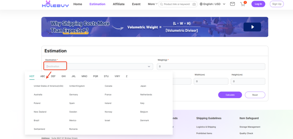 Mulebuy shipping calculator destination selection for international shipping estimate