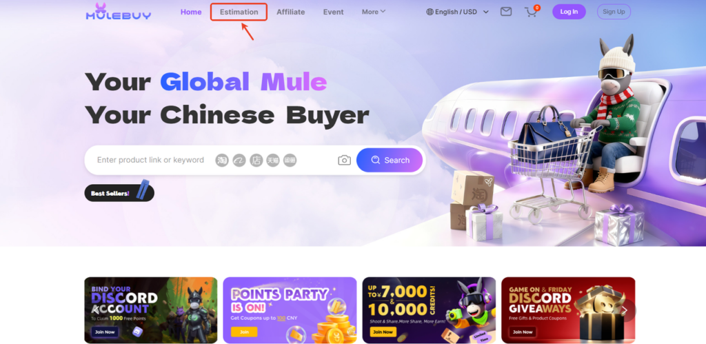 Mulebuy homepage showing the estimation tool used as a shipping cost calculator