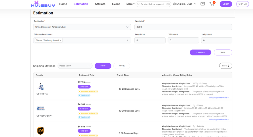 Mulebuy shipping calculator results showing estimated shipping cost, transit time, and available shipping methods