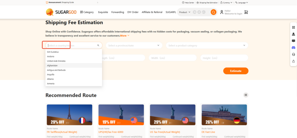 Sugargoo shipping calculator with country and state selection for international shipping estimate