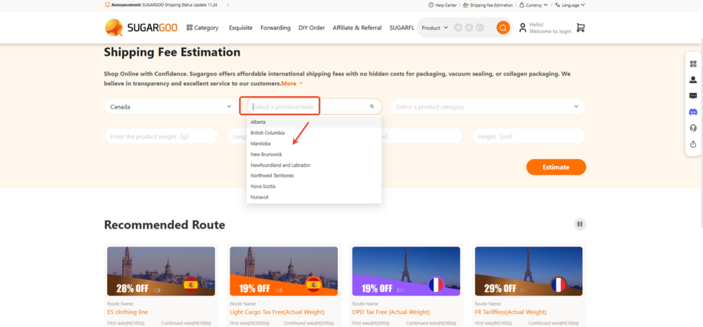 Sugargoo shipping calculator with country and state selection for international shipping estimate