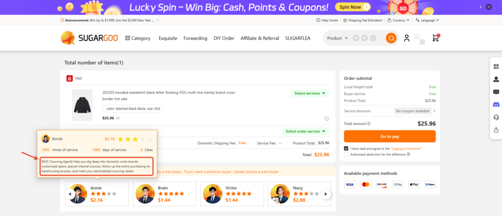 Sugargoo Star Buyer profile popup displaying agent service details, experience, pricing, and W2C sourcing support on the payment page.
