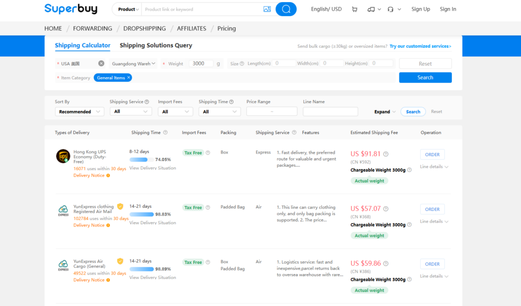 Superbuy shipping calculator results displaying different shipping lines, delivery time, and estimated shipping cost