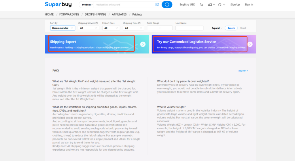 Superbuy shipping calculator page highlighting shipping expert service and customized logistics options