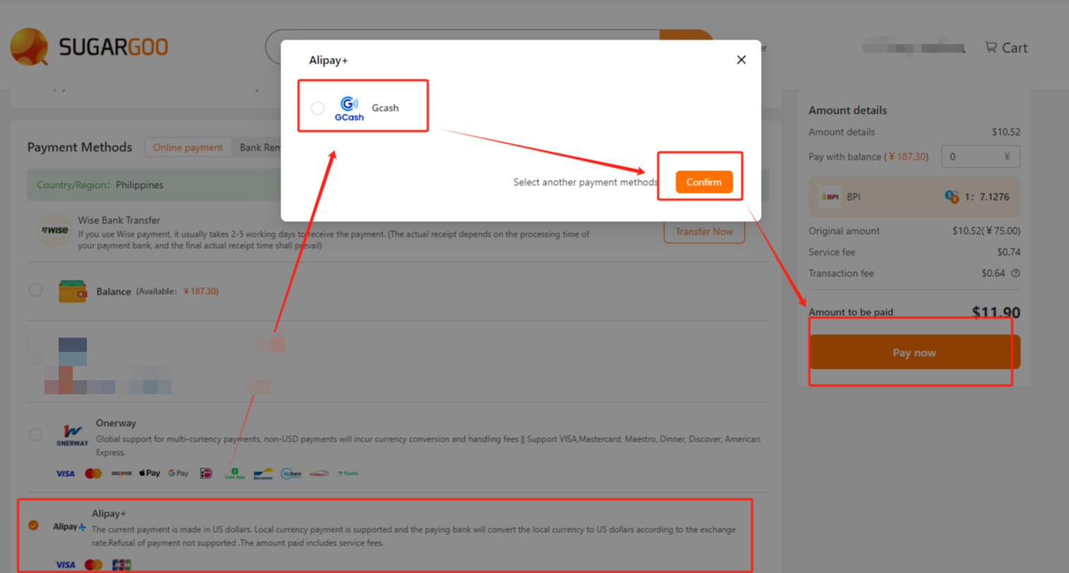 Sugargoo checkout showing Alipay Plus with GCash option and Confirm button