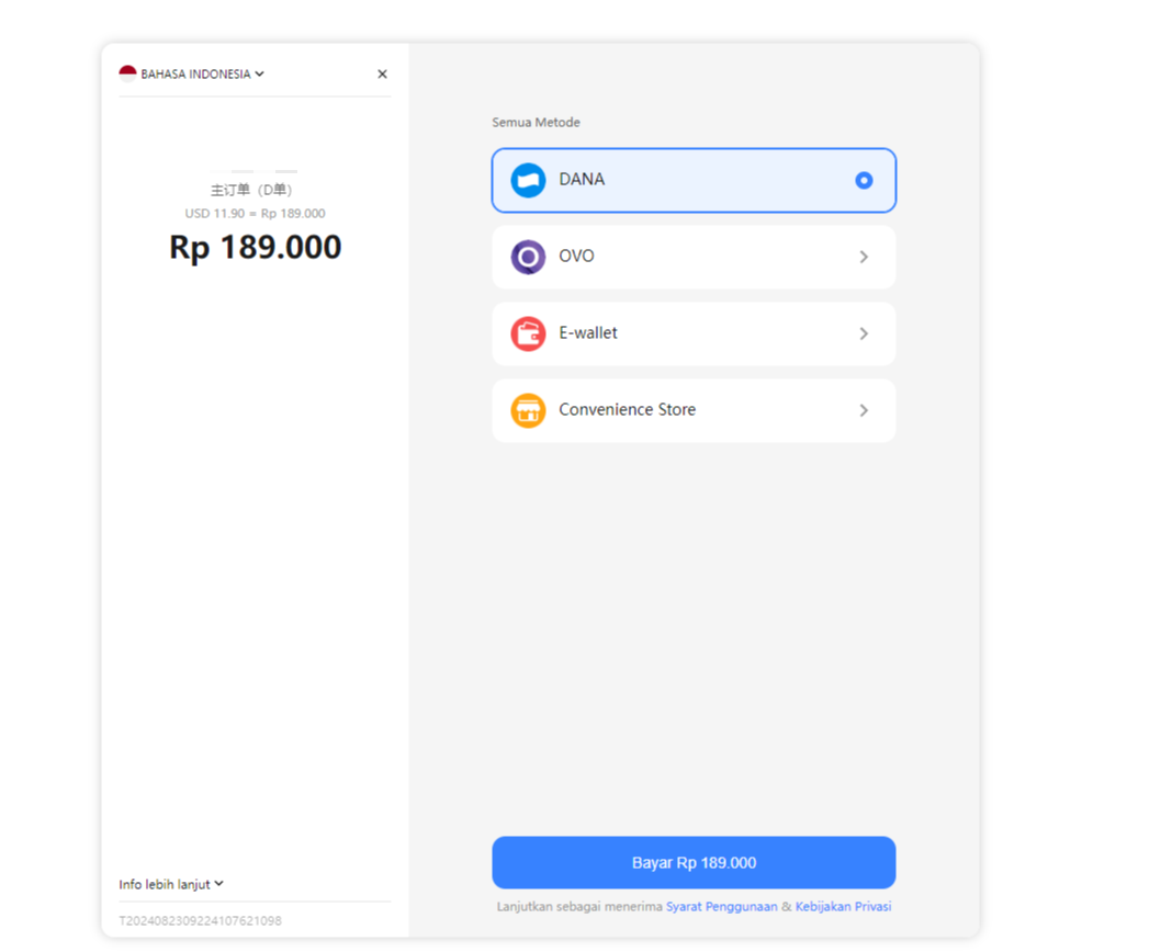 Payermax checkout screen with DANA, OVO, e-wallet, and convenience store payment options