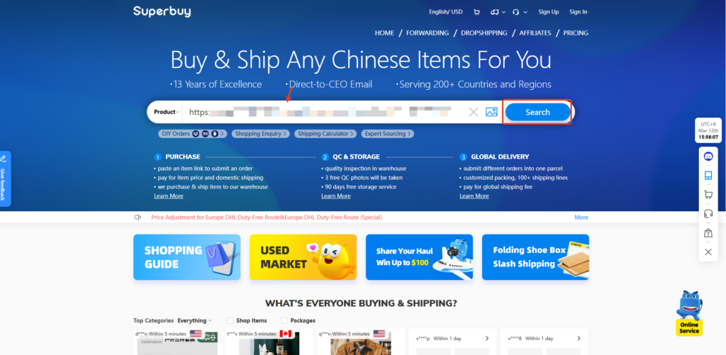 Paste Weidian link into Superbuy search bar and click search