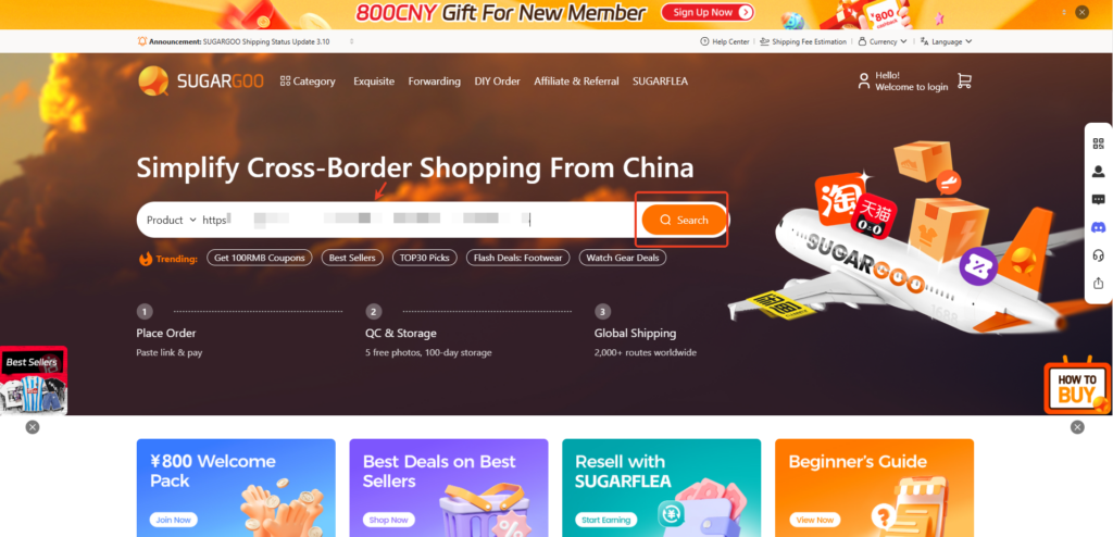 Using Sugargoo search bar to paste Weidian link and view product details