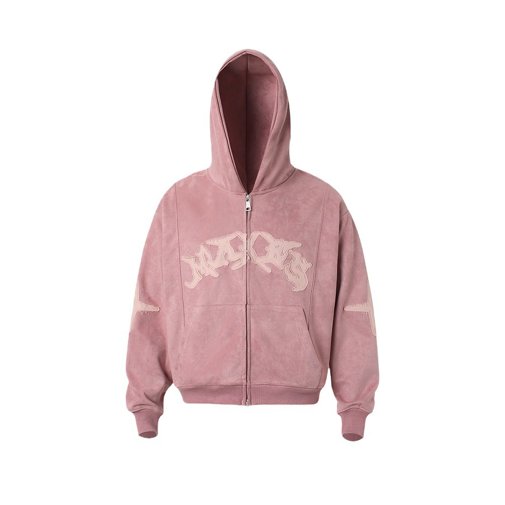 Cropped Suede Patchwork Zip-Up Hoodie Letter Embroidered Jacket-1