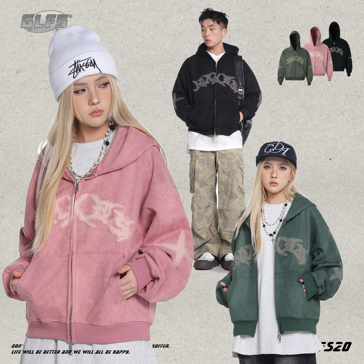 Cropped Suede Patchwork Zip-Up Hoodie Letter Embroidered Jacket-2