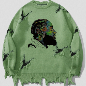 Distressed Vintage Knit Sweater Long Sleeve American Streetwear Pullover-1