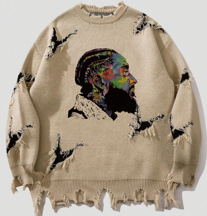 Distressed Vintage Knit Sweater Long Sleeve American Streetwear Pullover-2