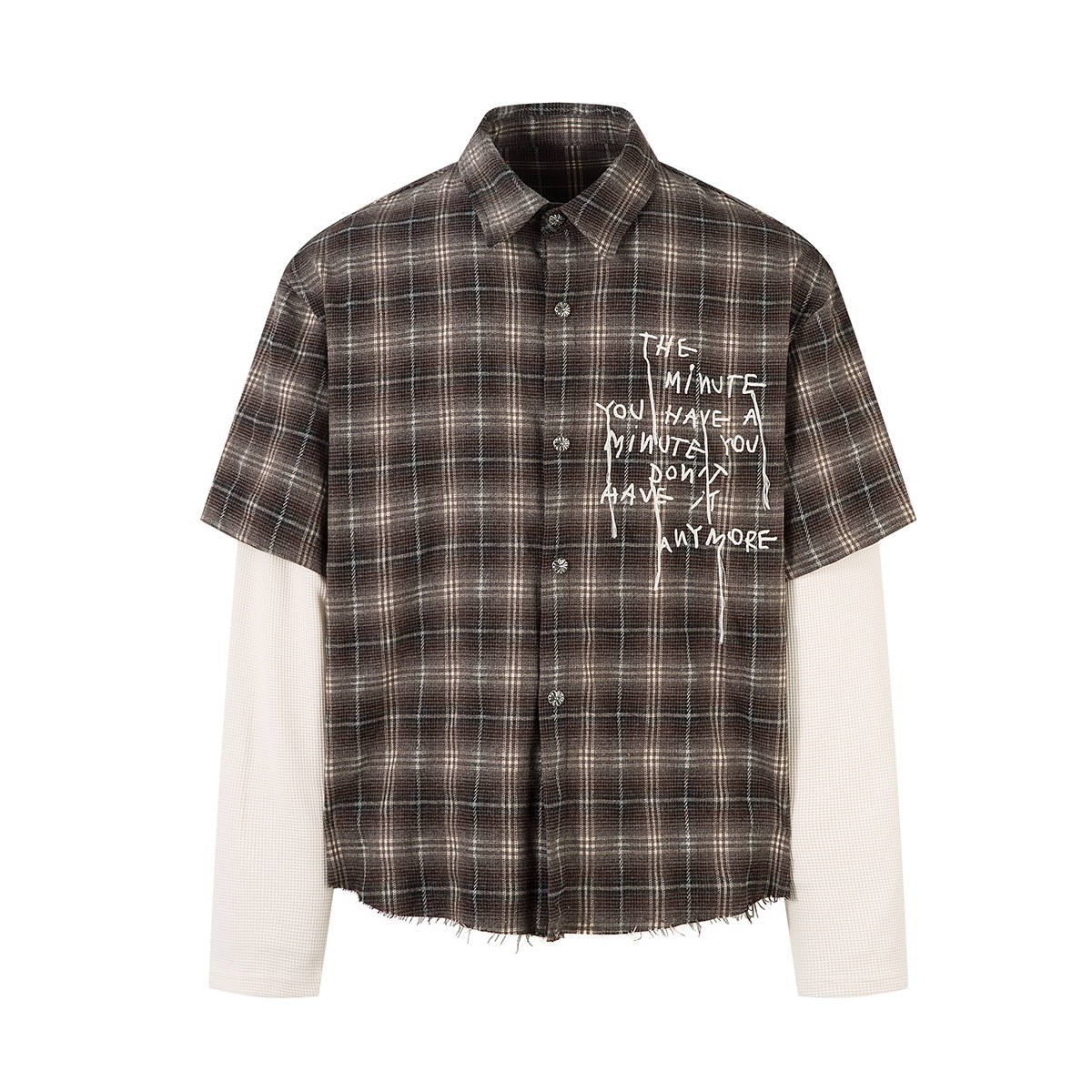 Layered Distressed Plaid Shirt Embroidered Streetwear Long Sleeve-1