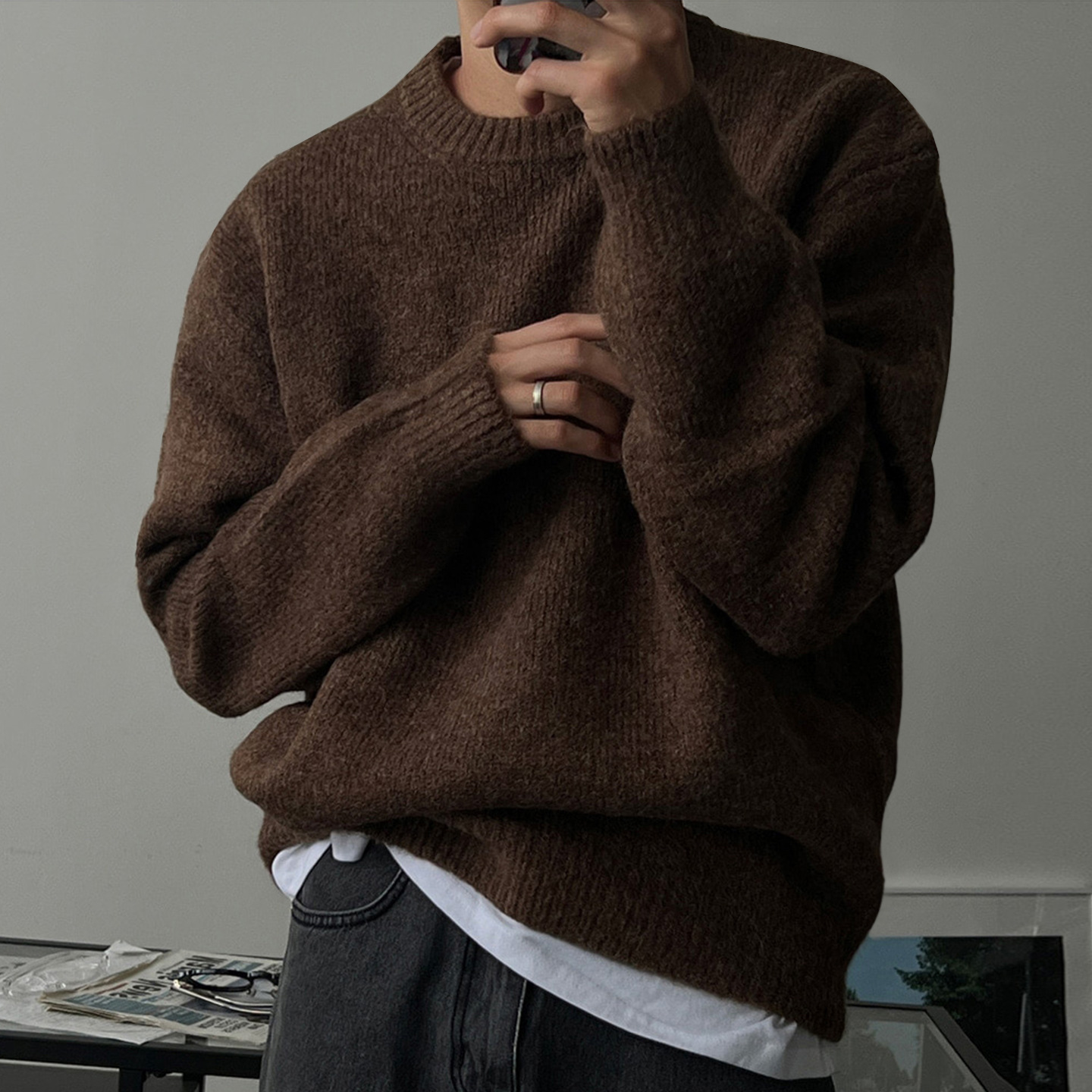 Men's Solid Drop Shoulder Crewneck Thick Knit Sweater-2
